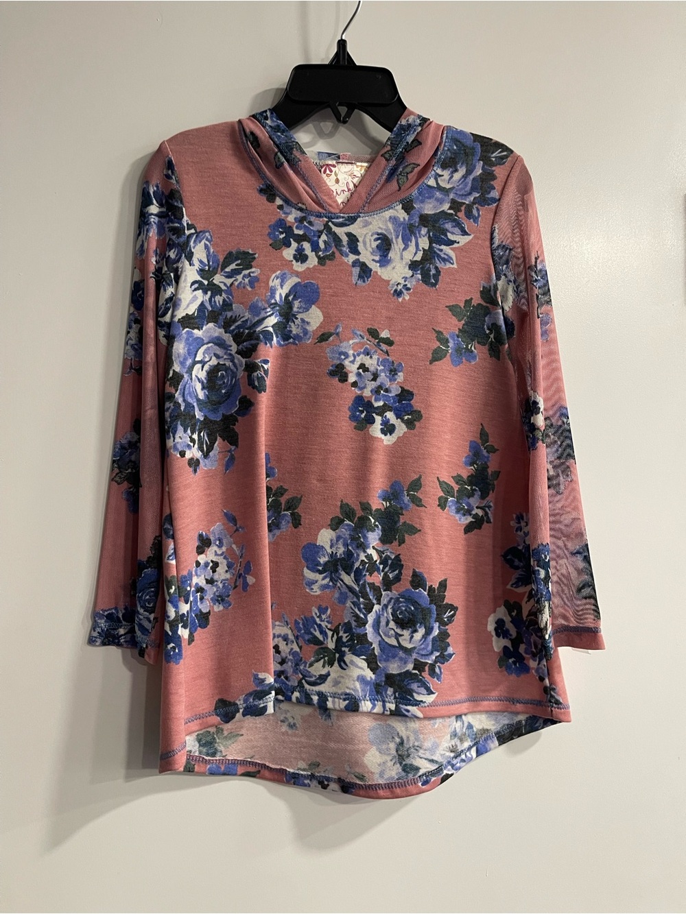 New Pink Vanilla Top. Pink Floral Hooded Top with Blue Rose Print
